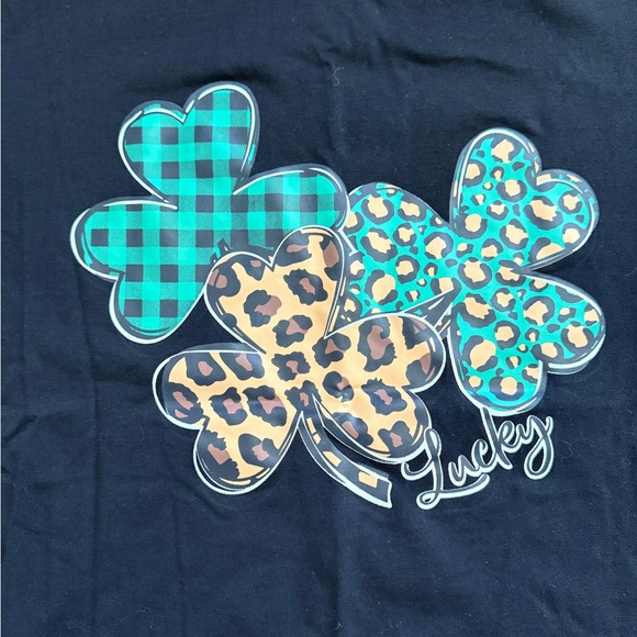 SHEIN St. Patrick’s Day Black Tee with Plaid and Leopard Shamrocks - Picture 2 of 3